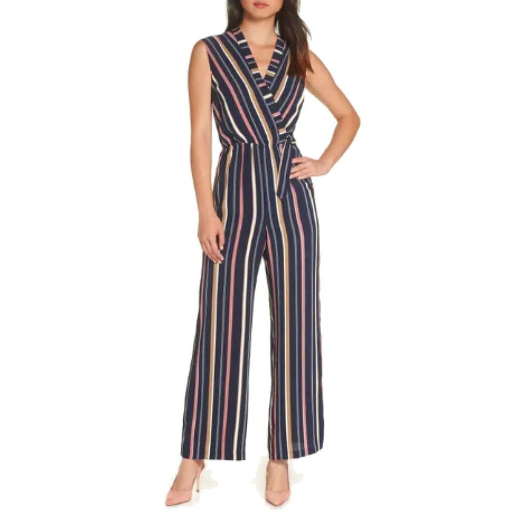 NWT Adelyn Rae Multi Stripe Blue Sleeveless Jumpsuit Size S